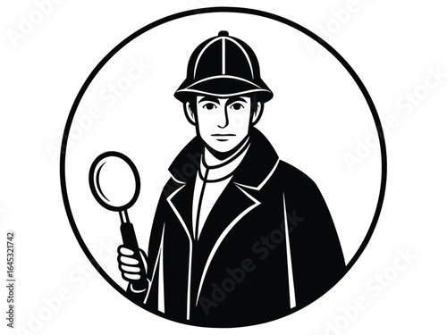 Englischer Detektiv mit Lupe und Pfeife, klassische Illustration eines Sherlock-Holmes-ähnlichen Charakters, perfekt für Krimi-Themen, Mystery-Designs, Bücher und kreative Projekte.