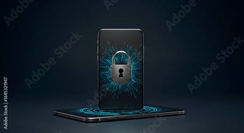 Wallpaper Mural Smartphone security with a lock graphic on the screen, displayed on a dark surface. A modern, technologically advanced device with a graphic representation of security. Torontodigital.ca