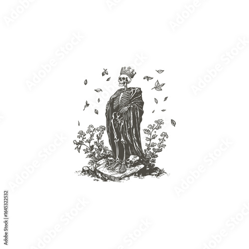 Engraving logo of a skeleton king wearing a crown and royal cloak, surrounded by flowers, leaves, and natural elements