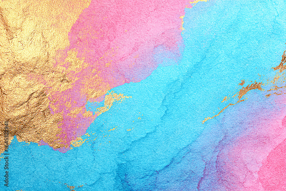 Fototapeta premium Abstract watercolor artwork featuring vibrant pink, blue, and gold textures, ideal for backgrounds