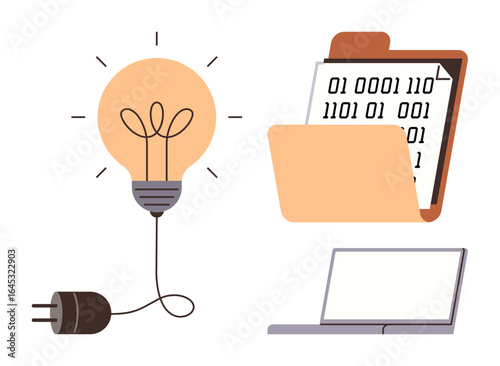 Light bulb symbolizes ideas, file folder with binary code represents data, and laptop reinforces tech context. Ideal for innovation, creativity, data management, digital transformation, technology