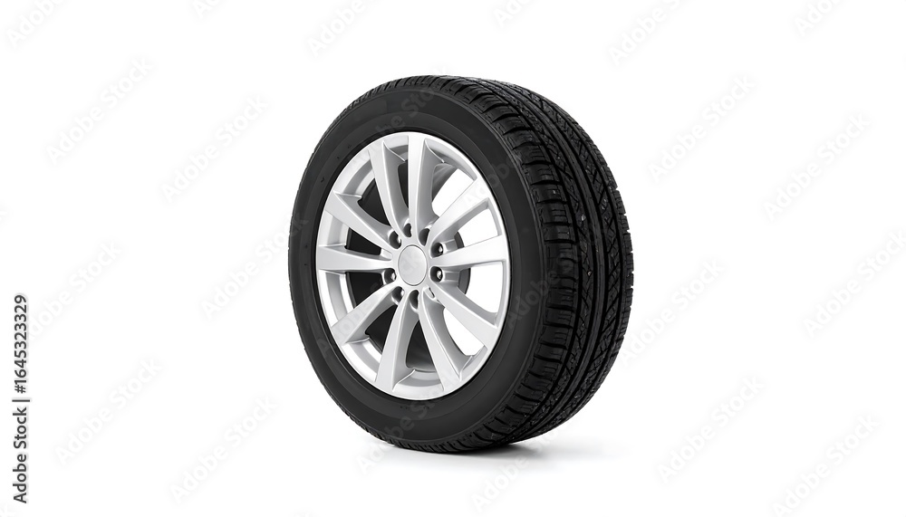 Obraz premium Studio shot of car tire with intricate silver rims on a clean white backdrop showcasing automotive