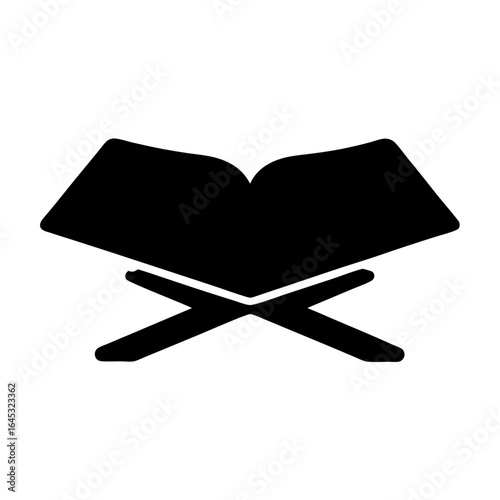 Minimalistic Black and White Icon of Open Quran on Wooden Stand