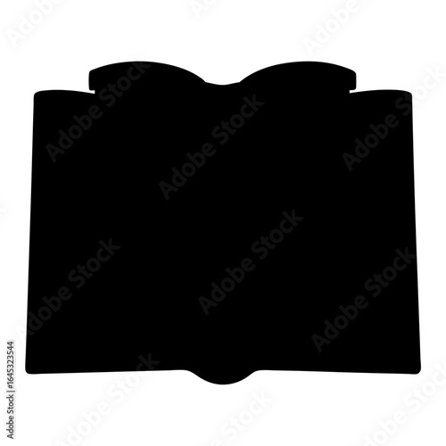 Silhouette of an open book with curled pages at the top in black