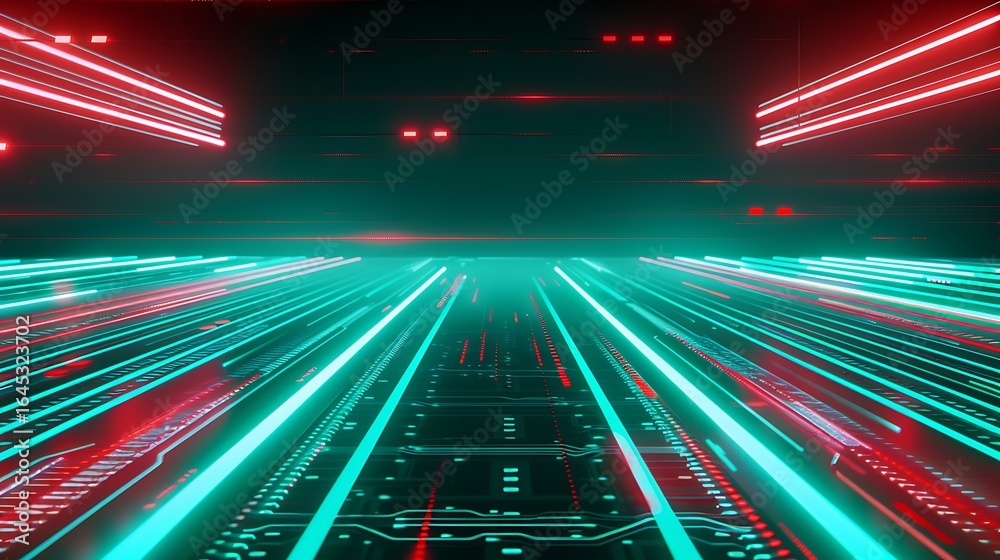 Fototapeta premium Glowing teal and red digital processors with horizontal light trails over a gradient deep-space tech floor .