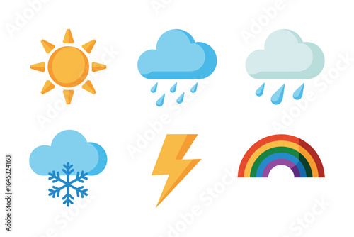 Sun cloud rain snow and rainbow set, weather symbols vector, climate forecast illustration, minimal icon pack, meteorology design elements