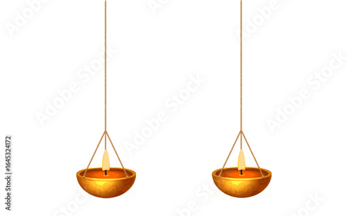 Two hang diyas on PNG background, Happy Diwali with hanging diya or lamp EPS 10