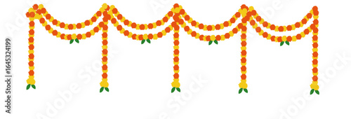 colorful marigold flower garland decoration vector - Traditional Eco-Friendly Wedding Toran with Marigold & Mango Leaves – Indian Festival Vector Design.