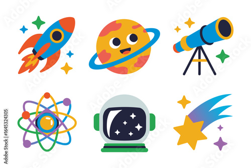 Rocket ship and telescope icons, planet astronaut helmet atom vector, outer space illustration, astronomy clipart, science project design