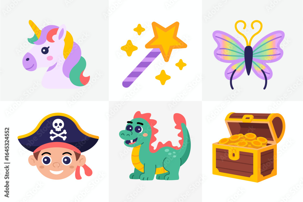 Fototapeta premium Pirate kid and dragon set, treasure chest, unicorn friend, magic wand star, playful adventure icons, cartoon vector illustration
