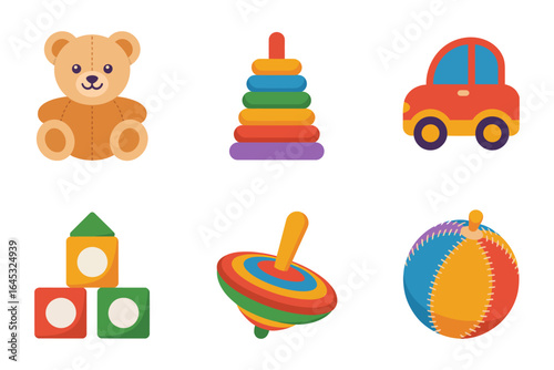 Toddler toy collection, teddy bear ring stacker toy car blocks spinning top ball vector illustration, playful nursery design, children activity clipart, playroom elements