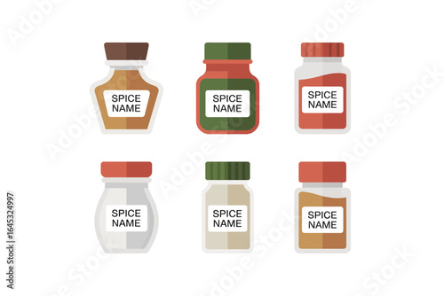 Spice jar icon set, glass seasoning containers vector illustration, kitchen label bottle design, pantry storage clipart, cooking ingredient elements