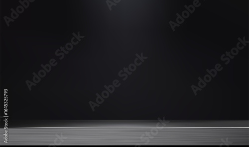 3d steel counter with black background. Metal surface tabletop in dark empty room.