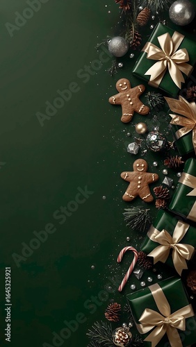 Luxurious festive Christmas card with flat lay side composition including New Year decorations on a green background.	