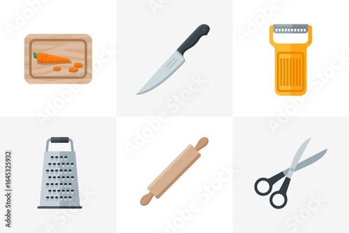 Kitchen prep tools set, cutting board chef knife vegetable peeler box grater rolling pin scissors, food preparation vector, essential icons