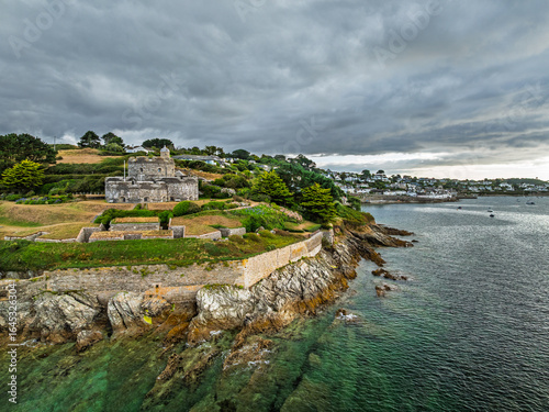 St Mawes Castle from a drone, Carrick Roads, River Fal, Falmouth, Cornwall, UK