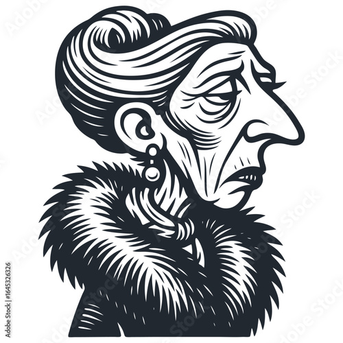 A portrait of a stern, aristocratic old woman with a fur collar. Vector illustration in a vintage woodcut or linocut printmaking style.
