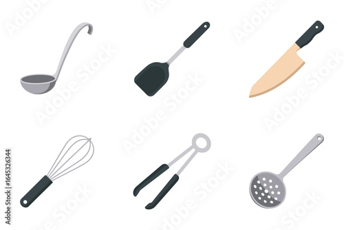 Cooking tool assortment, ladle spatula chef knife whisk slotted spoon strainer, kitchen vector, food service icons