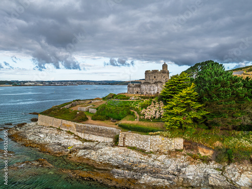 St Mawes Castle from a drone, Carrick Roads, River Fal, Falmouth, Cornwall, UK