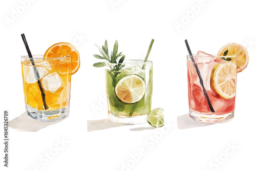 Set of three colorful watercolor cocktails – perfect for menu or flyers
Colorful watercolor cocktail set for menu and flyers
Three bright cocktails in watercolor style.