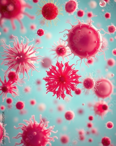 Microscopic red viruses on blue background, 3D medical illustration, microbiology and infection science, high resolution