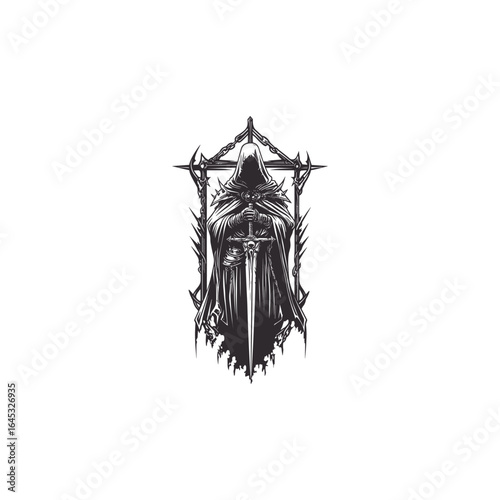 Engraving logo of a dark demon nun warrior wielding a sword, cloaked in a hooded robe, and framed by gothic thorns and skulls