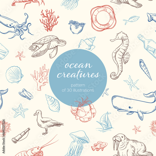 Large collection of underwater world elements. Items for sea travel. Ocean underwater inhabitants. Sea fauna.