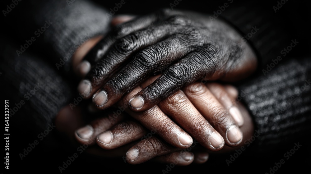 Fototapeta premium Close-up of Interlocked Hands: Dark Skin Tones, Texture and Intimacy