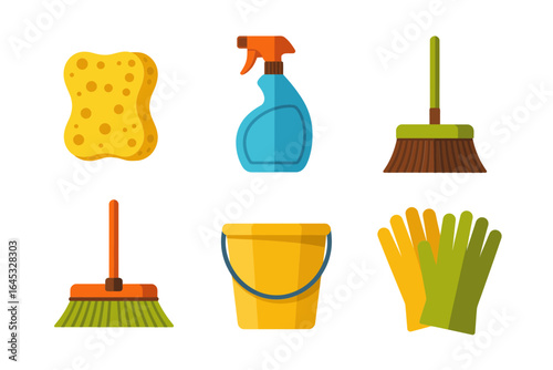 House cleaning supplies icon set, sponge spray bottle broom bucket gloves vector, housekeeping illustration, sanitation clipart, home care elements