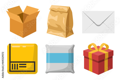 Postal parcel vector set, open carton, kraft bag, letter envelope, barcode label, cushioning mailer, ribbon gift, logistics design
