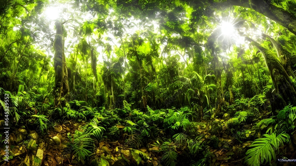 Fototapeta premium Lush green leaves and vibrant grass in a sunlit forest landscape