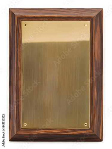 A wooden framed plaque with a gold plate attached by four screws on a white background studio shot