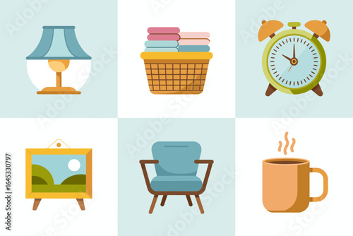 Living room decor icons, bedside lamp towels basket alarm clock wall art armchair mug vector, apartment interior illustration, home styling clipart, modern decor elements