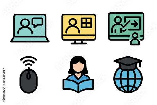 Online learning icons depicting various educational activities and virtual interactions in a modern classroom environment