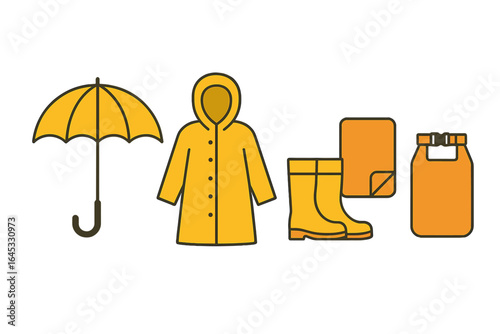 Bright yellow rain gear and accessories for wet weather preparation in a colorful, cheerful style