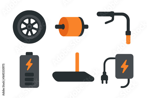 Collection of mechanical tools and components featuring a tire, battery, and welder in a workshop setting