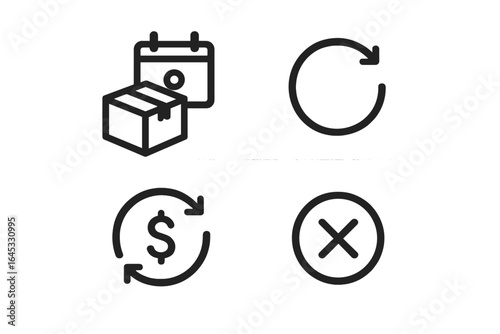 Icons representing delivery, return, and cancellation processes for online shopping experiences