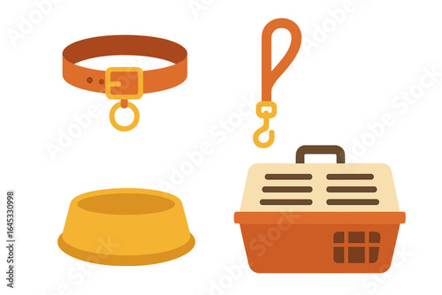 Pet accessories including a collar, leash, food bowl, and carrier are essential for animal care and transport activities at home
