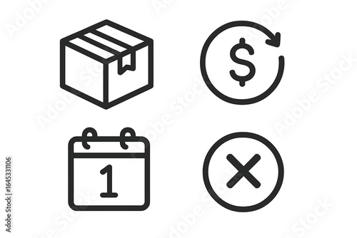 Icons representing online shopping concepts including returns, delivery schedules, and cancellation reminders