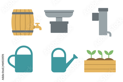 Watering tools and barrels for gardening activities at home or community gardens during daylight hours