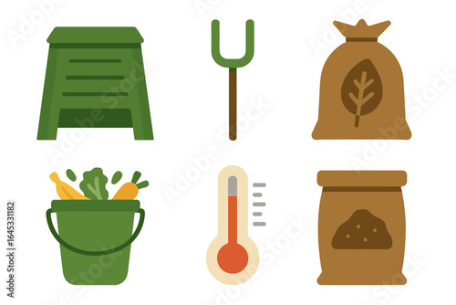 Garden composting tools and materials for sustainable gardening in a backyard setup