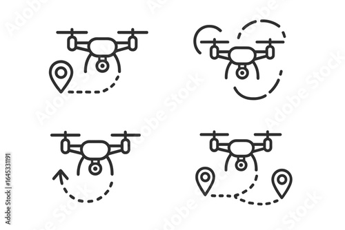 Drone navigation illustrations showing various flight paths and capabilities in a clear and concise design format
