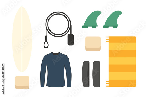 Surfing gear arranged for beach day in the sunlight, featuring board, wetsuit, fins, and accessories