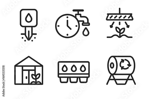 Infographics depicting essential elements of sustainable irrigation systems for gardens and farms