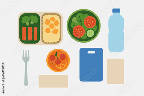 Fresh and healthy meal prep featuring salad, vegetables, and drink near a cutting board