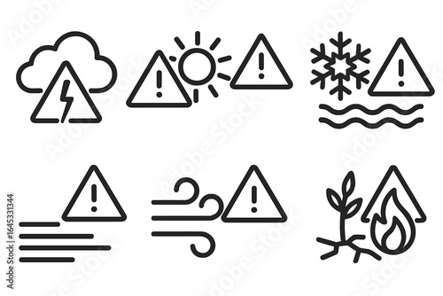 Weather warning icons displayed in various conditions and hazards, including storms, snow, and fire