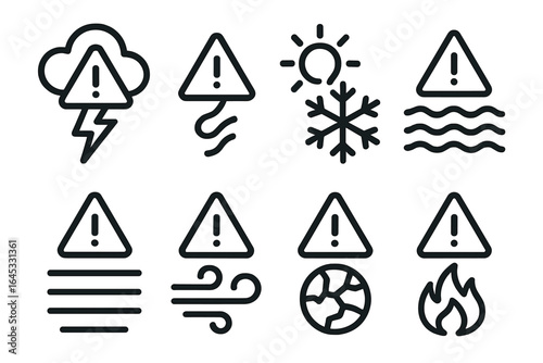 Weather warning icons depicting various natural hazards including storms, heat, and floods for safety awareness and preparedness