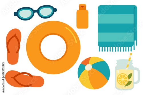 Summer beach essentials including flip flops, a beach ball, and sunglasses on a vibrant towel