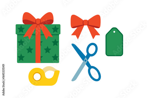 Holiday gift wrapping supplies on a white background including a present, scissors, tape, and tags