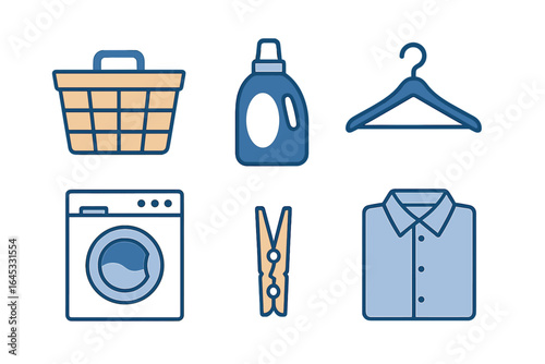 Laundry essentials including basket, detergent, washing machine, and clothes hanger displayed in a minimalistic style